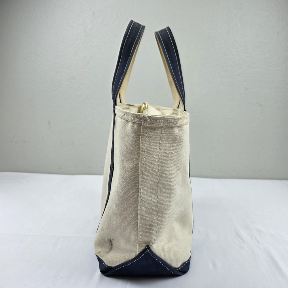 L.L. Bean Boat And Tote Bag Womens Small Beige Blue Canvas Zip Top Beach Casual - Picture 2 of 14